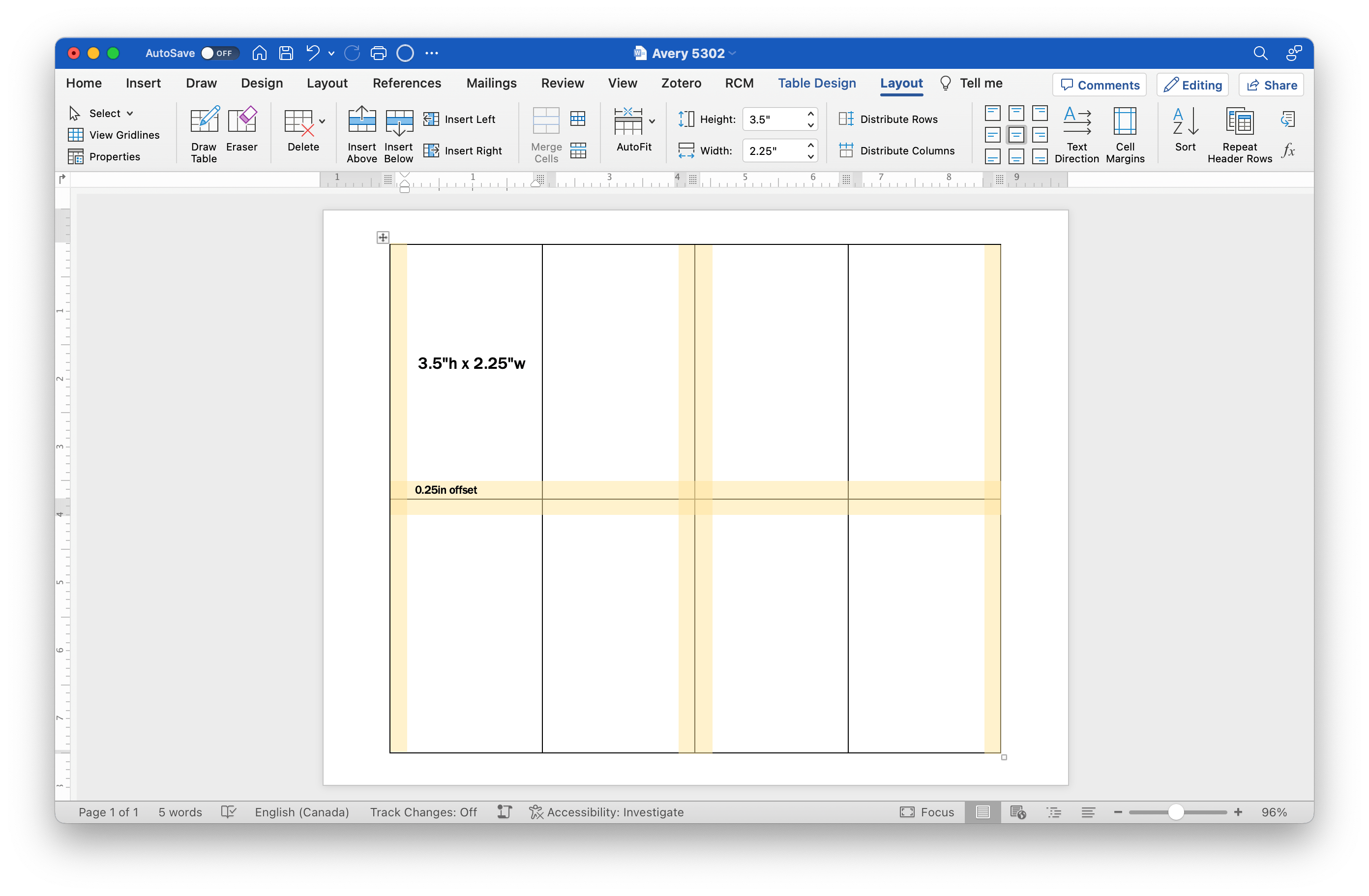 Microsoft Word application window showing the table dimensions for Avery 5302